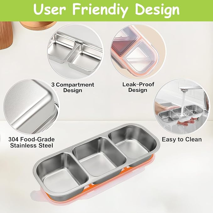 3 Pack Bento Box, Stainless Steel Snack Containers With Lids, Leak Proof Metal Lunch Box with 3 Compartments, Stackable Food Storage Container for Work, Travel, Dishwasher Safe