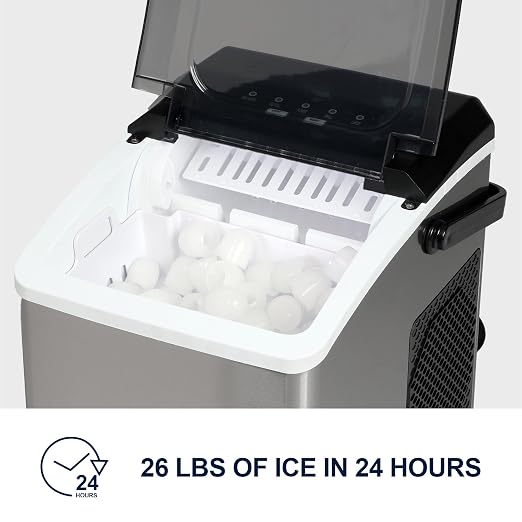 Kenmore Countertop Ice Maker – Maquina para Hacer Hielo en Casa, Nugget Ice Maker Makes 9 Pebble in 6 Mins, Portable Self‑Cleaning Ice Machine, 26 Lbs/Day, Stainless Steel