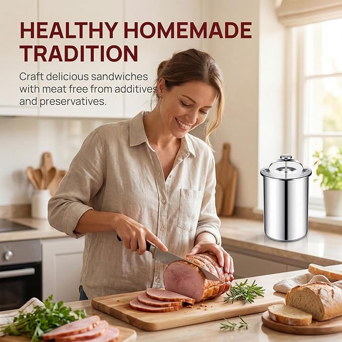 Deli Meat Press Stainless Steel with Thermometer - 1 to 1.2 Kg Lunch Meat Press Mold for Deli Meats Homemade Ham Maker Lunch Meats Presss for Making Sandwich, Delimeat, Lunchmeat (Flake Handle)