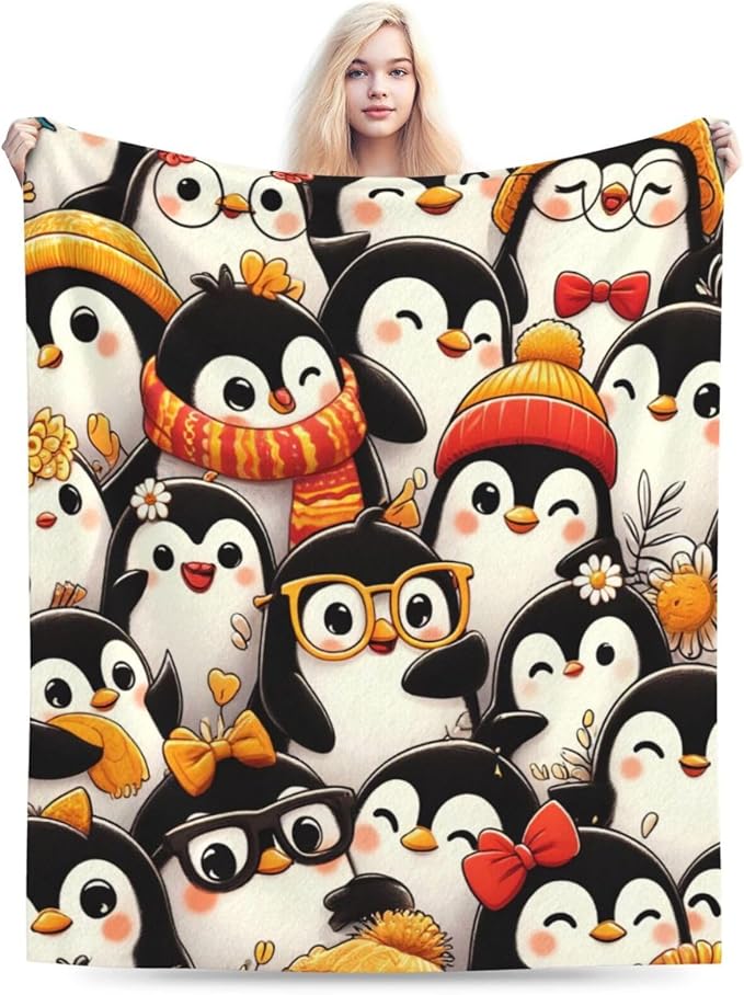Funny Penguin Blanket Soft Warm Cute Kawaii Penguin Plush Throw Blanket Cozy Flannel Fuzzy Fleece Bedding Stuff Animal Decor Blanket Gifts for Lover Girls Boys Kids Teens Adults Women 40"x50"