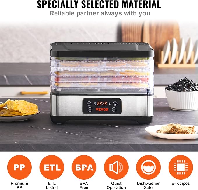 VEVOR Food Dehydrator Machine, 5-Tray Fruit Dehydrator, 300W Electric Food Dryer w/Digital Adjustable Timer & Temperature for Jerky, Herb, Meat, Beef, Fruit, Dog Treats and Vegetables, ETL Listed