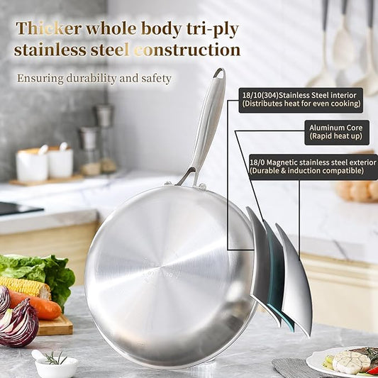 DELARLO Tri-ply Stainless Steel Frying Pan Set with Lid 8"10"12" Induction large Skillets Chef's Pan,Pots and Pans Set Kitchen Cookware Set Suitable for All Stove