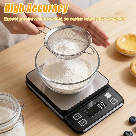 Waterproof Kitchen Scale, 5kg/11lb Food Scale Precisely Measures Grams and Ounces for Baking and Cooking, Stainless Stee Digital Scale with LCD Display Backlight for Food