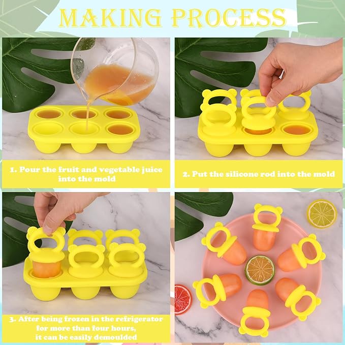 Sakolla Baby Popsicle Molds Mini 6-Cavity Silicone Ice Pop Mold with Sticks Breastmilk Popsicle Molds for Teething Relief Toddler Popsicle Mold for Ice Cream Frozen Yogurt and Fruit Juice (Yellow)