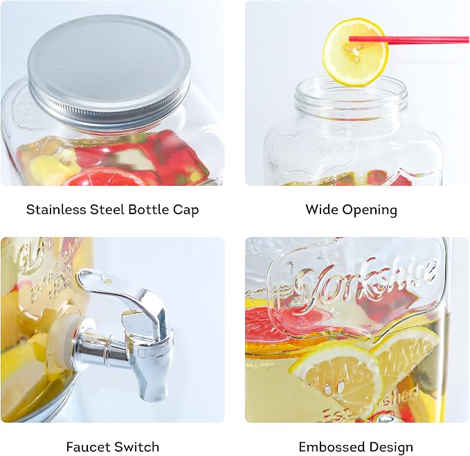 Lily's Home Glass Beverage Dispenser With Stand – 1 Gallon Capacity - Easy-Use Spigot - Drink Dispenser for Parties/BBQs - Large Mouth for Ice/Fruits - Water Dispenser Countertop Use