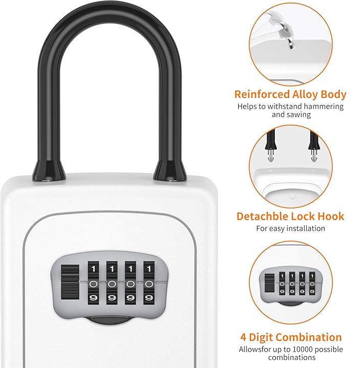 Portable Key Lock Box, Upgrade Clearly Visible Numbers, Lock Box Wall Mounted for House Key, 5 Key Capacity, Weatherproof Resettable Code (White, 2)