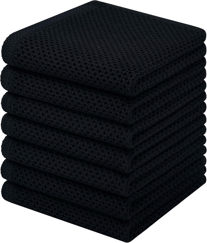 Homaxy 100% Cotton Waffle Weave Kitchen Dish Cloths, 7-Pack, Black | 12 x 12 Inches, Ultra Soft Absorbent Dish Towels, Quick Drying Dish Rags with Hanging Loop