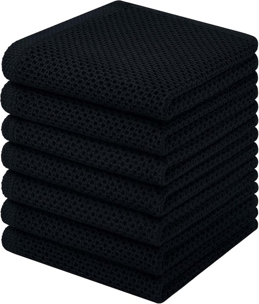 Homaxy 100% Cotton Waffle Weave Kitchen Dish Cloths, 7-Pack, Black | 12 x 12 Inches, Ultra Soft Absorbent Dish Towels, Quick Drying Dish Rags with Hanging Loop