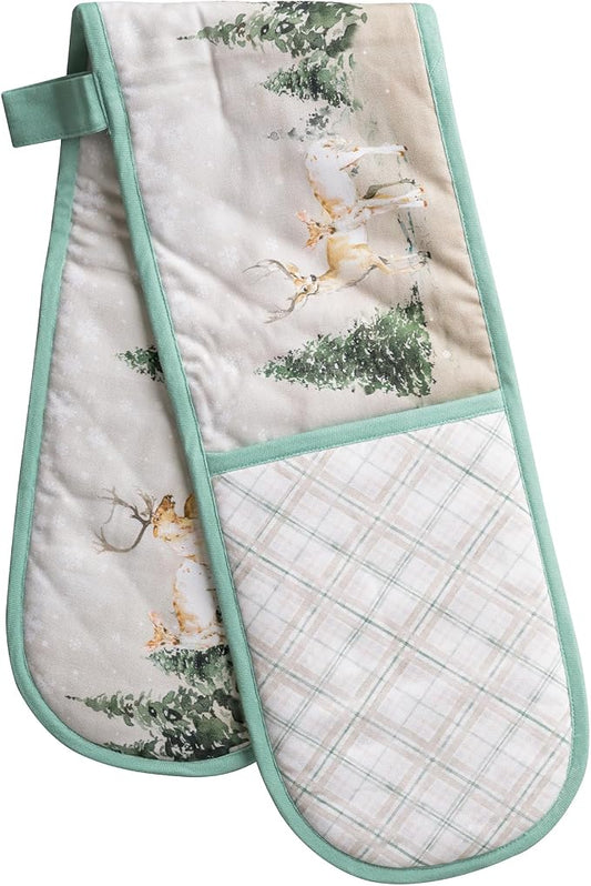 Maison d' Hermine Double Oven Mitts 100% Cotton Double Oven Glove (7"x35") | Heat Resistant BBQ Cooking Gloves with Loop Baking Kitchen Home Hotel Farmhouse Thanksgiving Christmas - Deer In The Woods