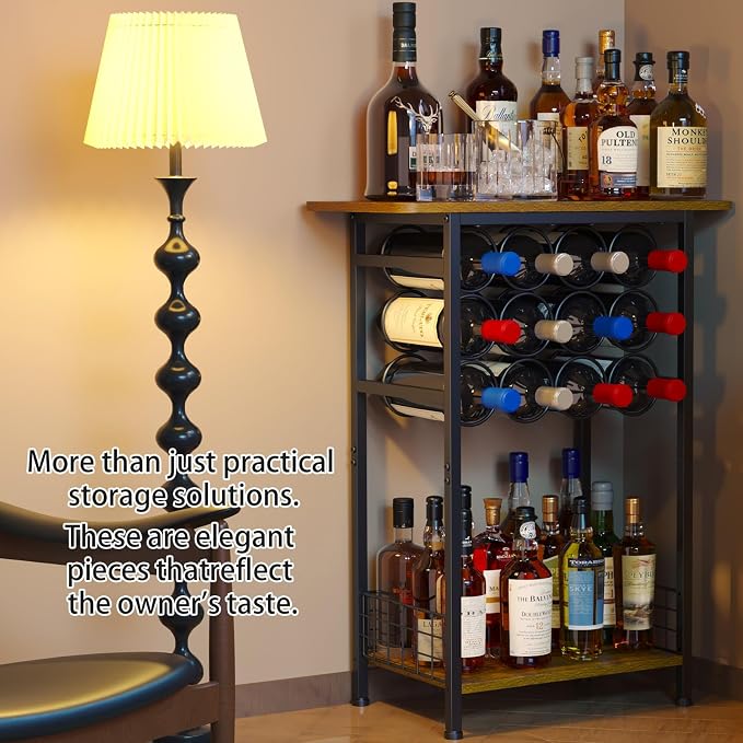 3-Tier Wine Rack Freestanding Floor Cabinet Corner Bar Cabinet Bar Cart,12 Individual Wine Storage Bottle Compartments Corner Bar Cabinet Holder,Wood + Black Frame Liquor Cabinet,Small Shelf For Homes