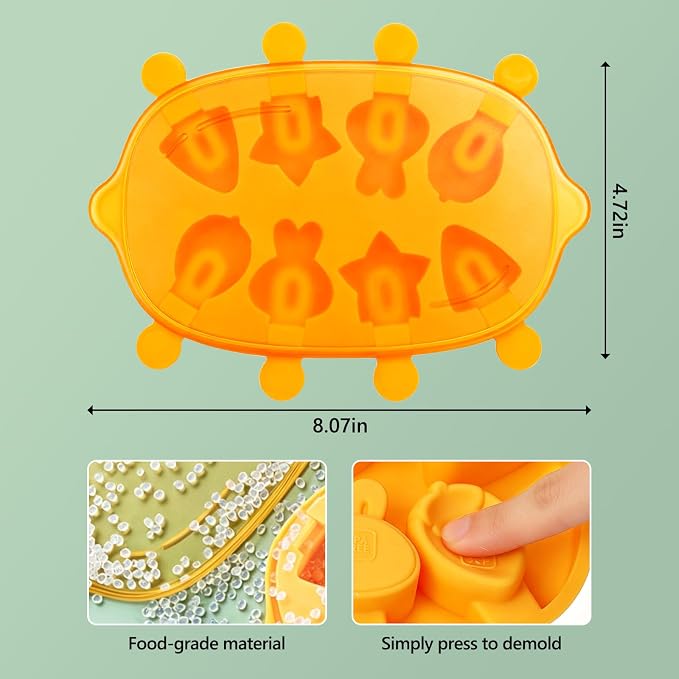 Silicone Popsicle Mold, Cute Dinosaur Popsicle Silicone Molds with 8 Sticks, Reusable Small Mini Ice Popsicle Molds Set, Easy to Clean and Dishwasher Safe (B-Yellow)