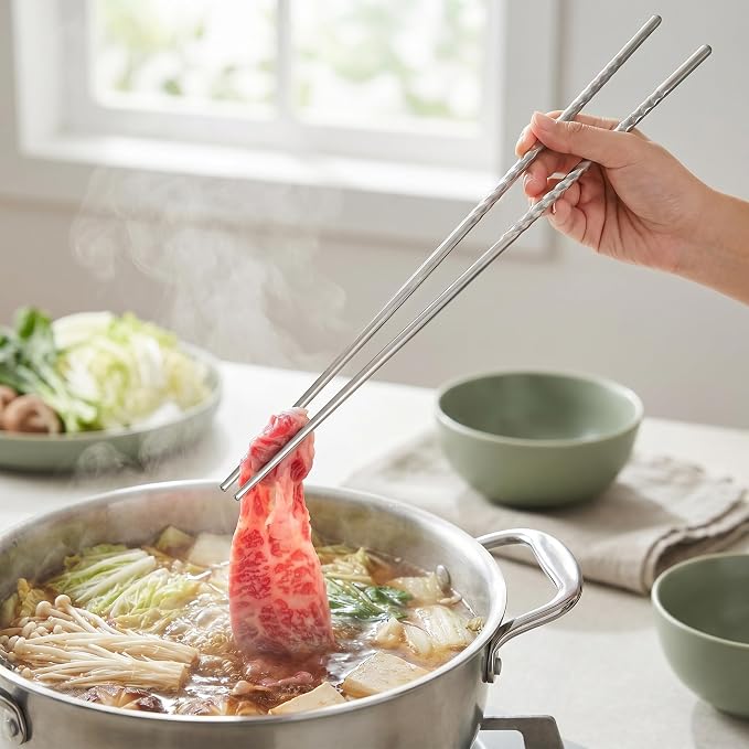 Hiceeden 12 Pairs 15 Inches Extra Long Cooking Chopsticks, Stainless Steel Reusable Frying Chopsticks, Metal Japanese Korean Chinese Hotpot Chopstick with Anti-Slip Threaded for Noodles, Silver