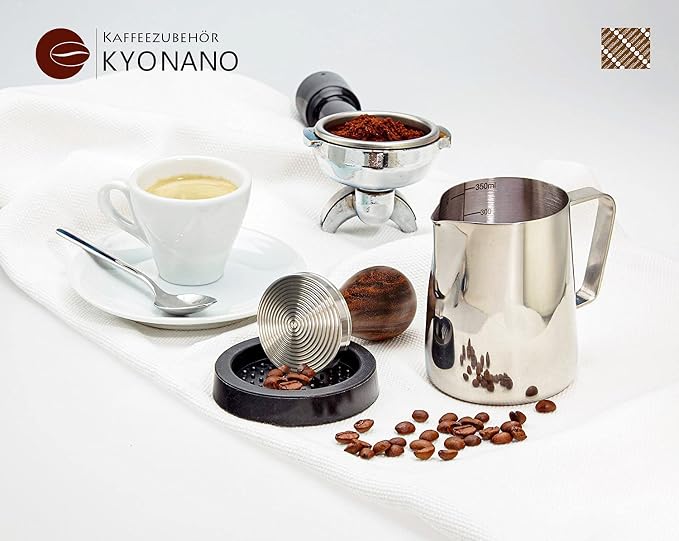 KYONANO Espresso Tamper 51mm - Coffee Tamper with Dalbergia Odorifera Handle - Espresso Press Hand Tamp PLUS Free Milk Frothing Pitcher 12oz/350ml, Silicone Tamper Mat - Fits 51mm Delonghi Portafilter