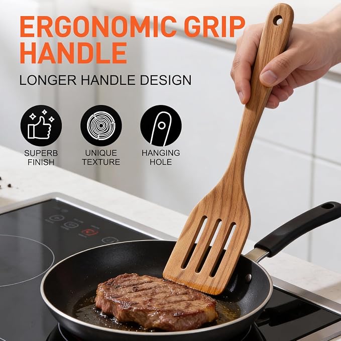 9 Pcs Wooden Kitchen Utensils Set with Holder Cooking Spoons Wood Spatula | Acacia Wood Spoons for Cooking Utensils Teak Flat Spatula Spurtles Large Mixing Serving Spaghetti Spoon Slotted Turner