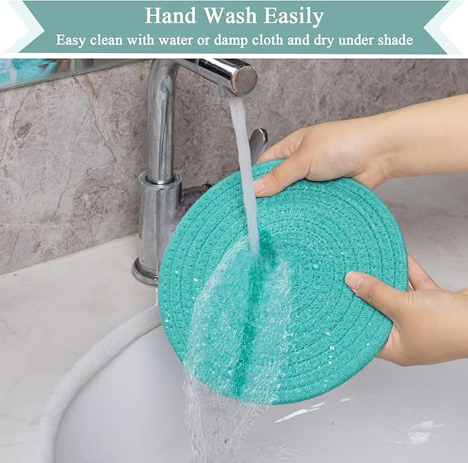 SHACOS 8 Inches Trivets for Hot Dishes, 4 Pieces Cotton Trivets Mats for Kitchen, Hot Pads for Countertops and Table, Heat-Resistant Pot Holders for Hot Pots and Pans(Teal Blue, 4pcs)