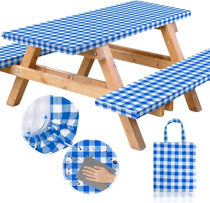Vinyl Fitted Picnic Table Cover with Bench Covers & Bag 8ft Blue Checkered | Vinyl Fitted Picnic Table Cover with Bench Covers and Bag, Outdoor Waterproof Windproof Picnic Tablecloth with Elastic Edges.