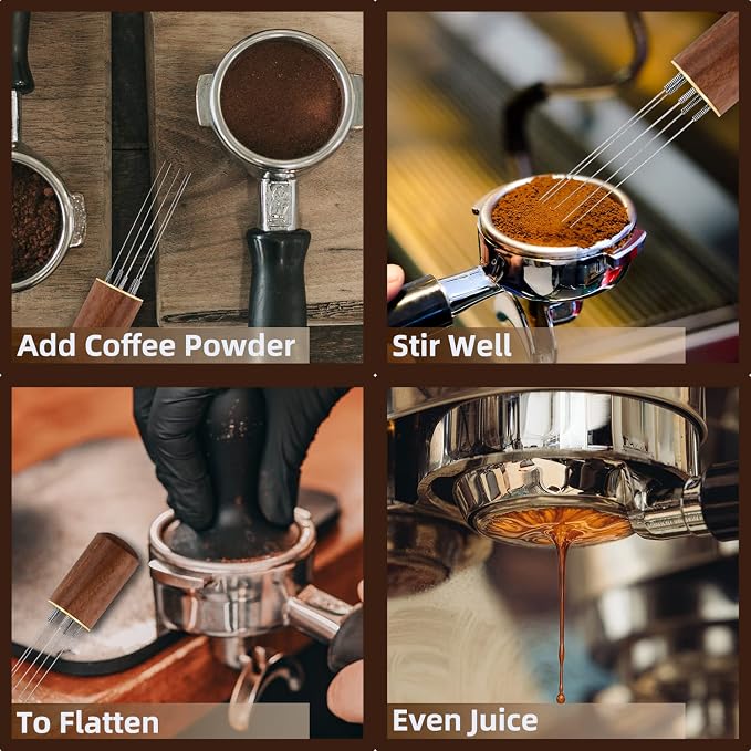 Zolunu Espresso Coffee Stirrer 5 Needles 0.4mm Espresso Distribution Tools, Natural Wood Handle and Stand