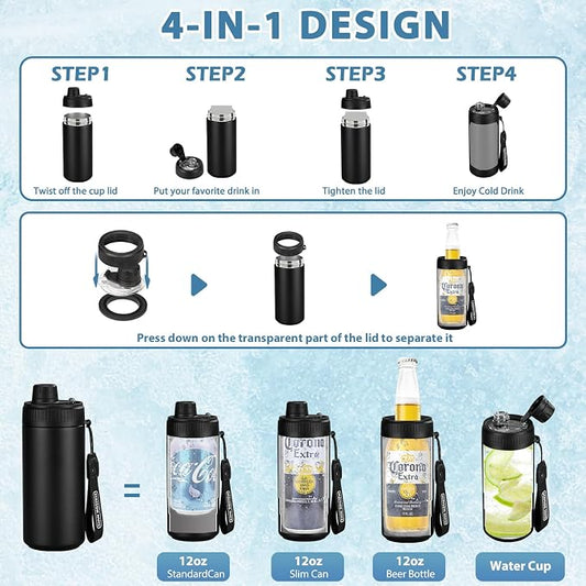 4 In 1 Beer Can Cooler Bottle Holder with Drinking Spout Lid for 12oz Regular, Slim Skinny Cans and Thermal Bottles,Sealed Insulated Double Wall Vacuum Stainless Steel Can Keeps Your Drinks Cold