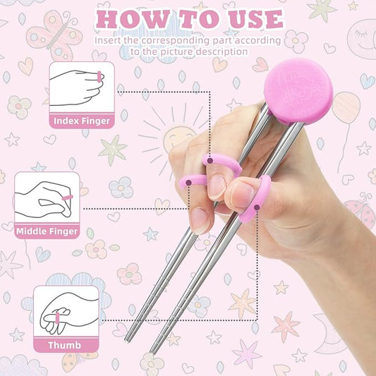 Patelai 2 Pairs Training Chopsticks for Kids, Learning Practice Chopsticks for Toddler Children Beginners Baby Non-slip Silicone Reusable Stainless Steel Metal Helper Tool(Pink)