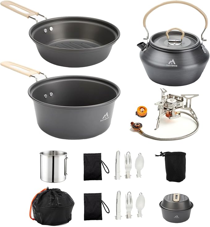 THTYBROS 27pcs Camping Cooking Set for 2-4 People, Portable Cookware Set with Kettle, Pots & Pans, Stainless Steel Utensils, Plates, Dishware for Backpacking, Picnic, Outdoor Adventures
