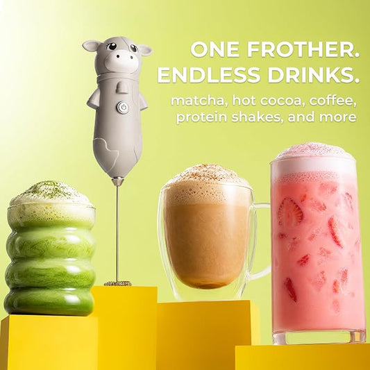 Zulay Kitchen Cow Milk Frother Wand – Cutesy Frother, Meet Your New Frothing Buddy Misty The Cow, Adoption Papers and Stickers Included, Purrr-fect for Lattes, Cappuccino & Matcha – Gray