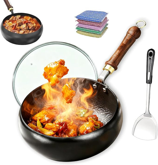 Jinswhdre Cast Iron Skillet, 9.5/11in Jinswhdre Japanese Irons Pan, Hand Forged Uncoated Iron Pan with Lid Spatula, Non-stick Wok for Cooker Gas Stir Fry Pans Durable and Rust-Free (Glass Lid,10.2in)