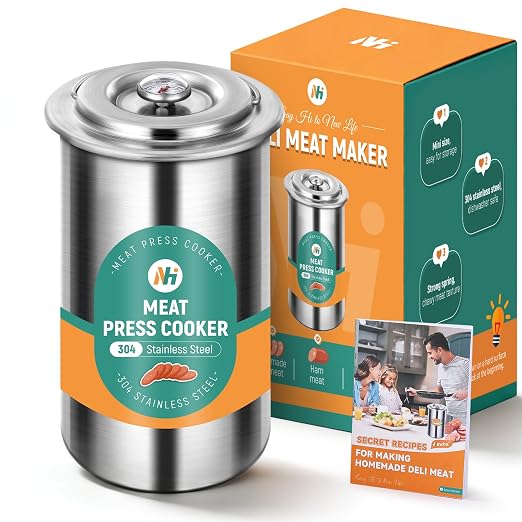 Deli Meat Press, Stainless Steel Ham Cooker Tool with Thermometer | With Recipes, Includes 5 Cooking Bags, Perfect For Homemade Deli Lunch Meat, Sandwiches, Healthy Meal Prep