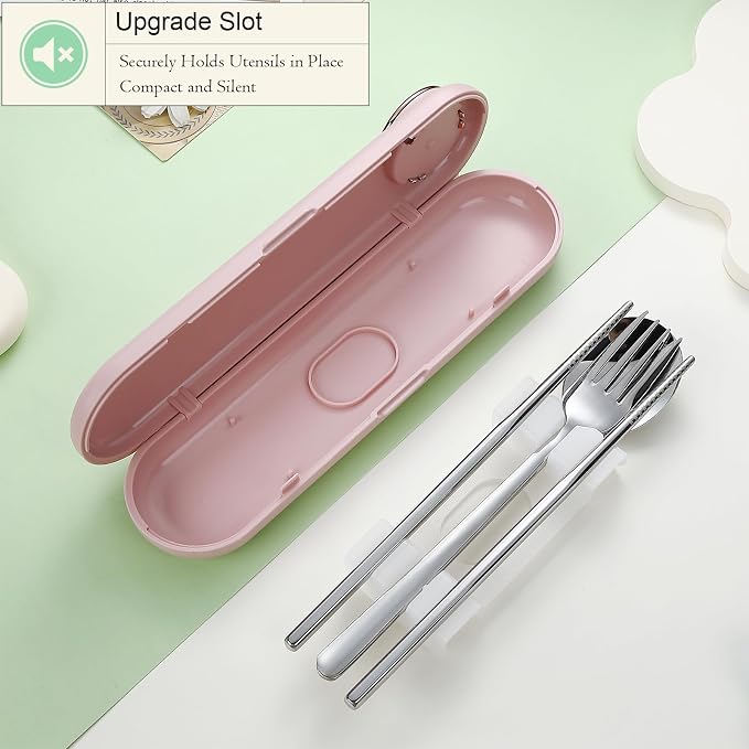 DEVICO Travel Utensils with Case Cute, Reusable Silverware for Lunch, 4Pcs Portable Cutlery Set, 18/8 Stainless Steel Fork Spoon Chopsticks in Cartoon Case, Dishwasher Safe (Pink)