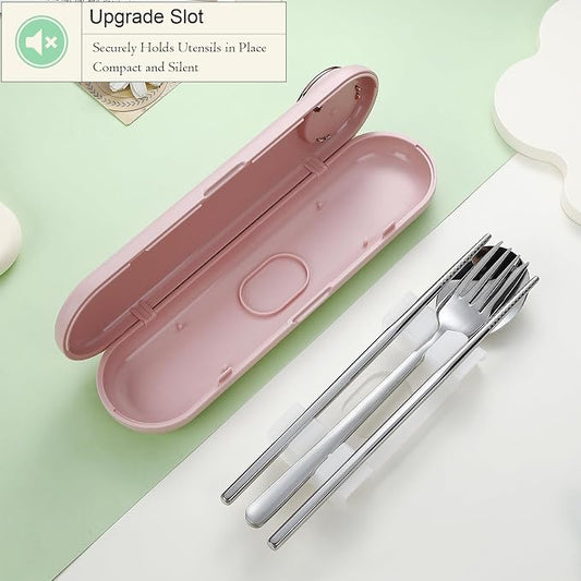 DEVICO Travel Utensils with Case Cute, Reusable Silverware for Lunch, 4Pcs Portable Cutlery Set, 18/8 Stainless Steel Fork Spoon Chopsticks in Cartoon Case, Dishwasher Safe (Pink)