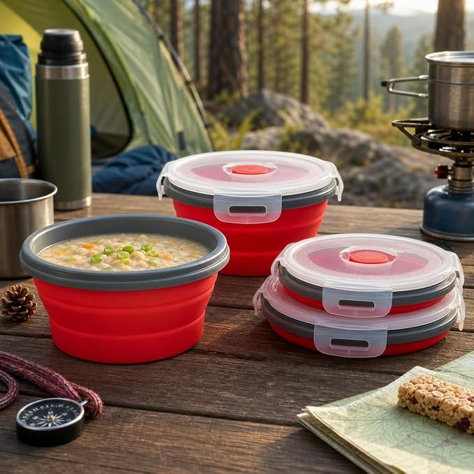 Guyuyii 4 Pack Food-Grade Silicone Collapsible Bowls with Lids for Camping | BPA-Free Round Nesting Set for RV Travel, Hiking, and Outdoor Recreation Activities | Microwave, Freezer, Dishware Safe