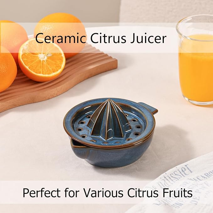Ceramic Citrus Lemon Orange Juicer Manual Squeezer, Hand Juicer Reamer | Rotation Press with Strainer Lid, Spout, Handle, Dishwasher Safe, Easy to Clean