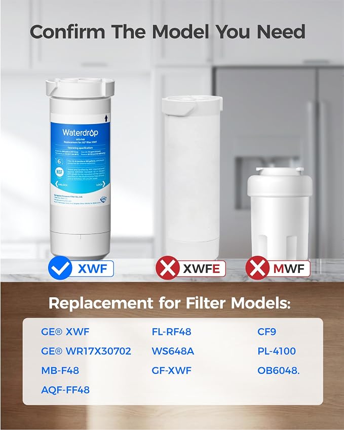 Waterdrop XWF Water Filter Replacement for GE® WR17X30702, No chip | Replacement for GE® XWF, NSF 42 & 372 Certified, Compatible with GE® GNE27, GFE26, GDE25, GSS25, PSE25 Series Refrigerators