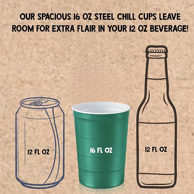 Steel Chill Cups 16 oz. Durable & Reusable Party Cups, Green, 180 Count | Made in USA from Steel these durable cups chill fast & keep your drink cold for longer, 100% recyclable for sustainablity