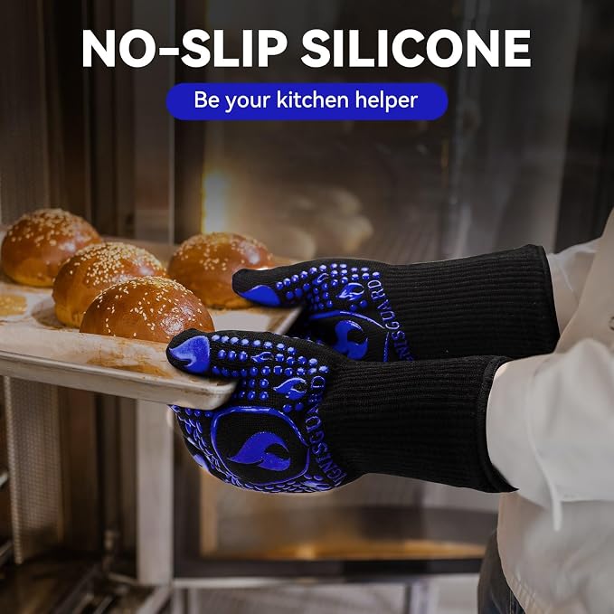 BBQ & Grill Gloves, Oven Gloves, 1472°F Silicone Oven Mitts Heat Resistant Grilling Gloves Fireproof Non-Slip for Barbecue Cooking Baking Smoking, 1-Pair (Blue, Large)