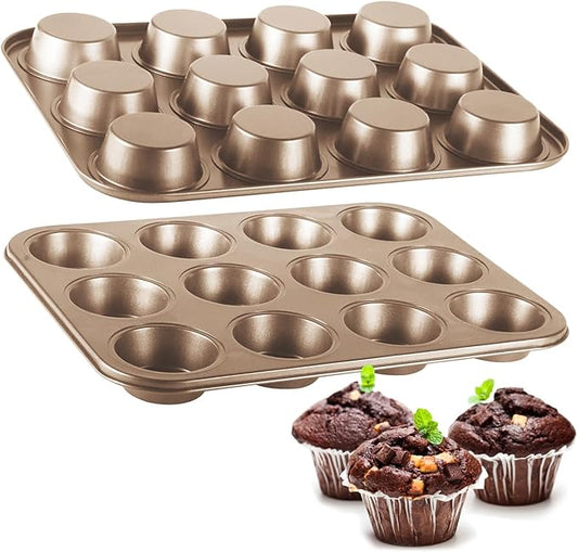 Cupcake Pan Nonstick 2 Pack (Gold, Standard 12 cup)