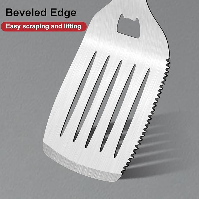 15.8'' Stainless Steel Grill Spatula for Outdoor Grill, 3-in-1 Metal BBQ Spatula Turner with Full Tang Silicone Handle and Serrated Edge, Heavy Duty Barbecue Tools Spatula for Grilling Cooking