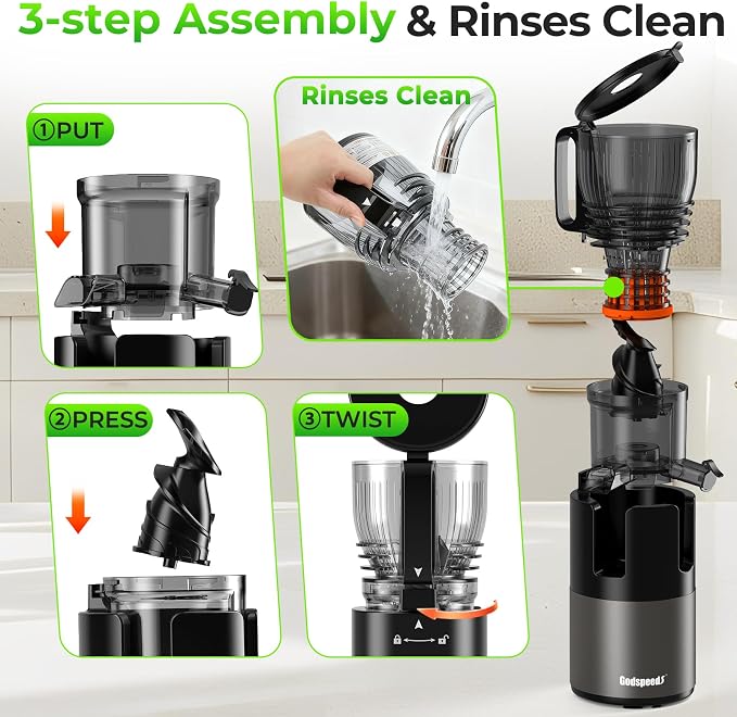 Godspeeds Juicer Machines, 5.8" Large Feed Chute Cold Press Juicer | For Whole Fruits & Vegetables, Easy to Clean Design, High Juice Yield Slow Masticating Juicer for Home Daily Wellness