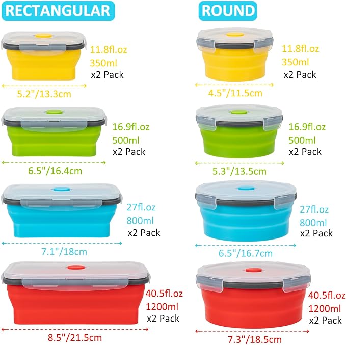Collapsible Food Storage Containers with Lid & Air Vent, 16 Pack, 8 Rectangular + 8 Round, Annaklin Foldable Silicone Lunch Containers Collapsible Bowls Set, Microwave Freezer Dishwasher Safe, 4-Color