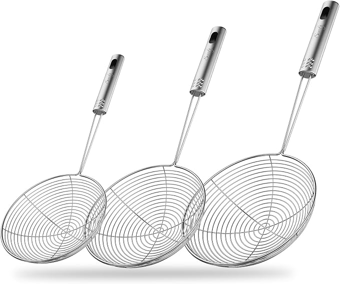 Swify Spider Strainer Set of 3 Asian Strainer Ladle Stainless Steel Wire Skimmer Spoon with Handle for Kitchen Frying Food, Pasta, Spaghetti, Noodle-4.3", 5", 5.7"