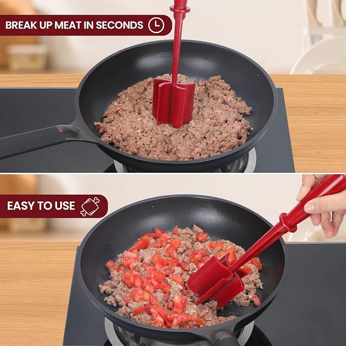 CUNSENR Premium Meat Chopper - 5 Curve Blade Ground Beef Smasher Tool - Heat-Resistant Nylon Meat Masher for Ground Beef, Hamburger, Potatoes - Non-Stick Ground Meat Chopper for Easy Mixing - Red