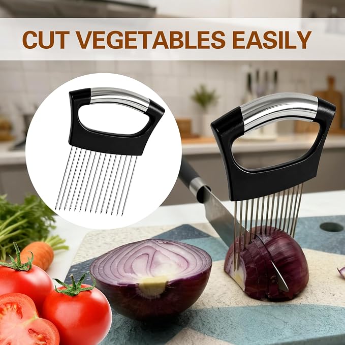 Onion Holder for Slicing, Onion Cutter Vegetable Chopper, Food Slicer Assistant Tool for Fruit Lemon and Meat,Stainless Steel Tomato Slicer Vegetable Cutter for Potato, Avocados, Eggs,