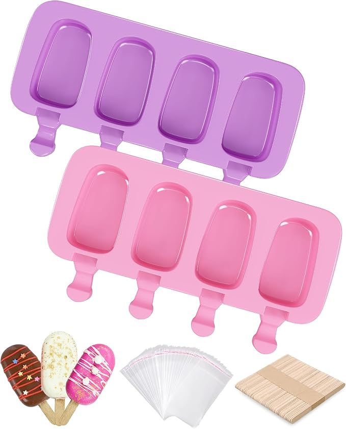 Ouddy Life Popsicle Molds Set of 2, Ice Pop Molds Silicone 4 Cavities Ice Cream Oval Cake Pop Mold with 50 Wooden Sticks for DIY Popsicle, Purple Pink