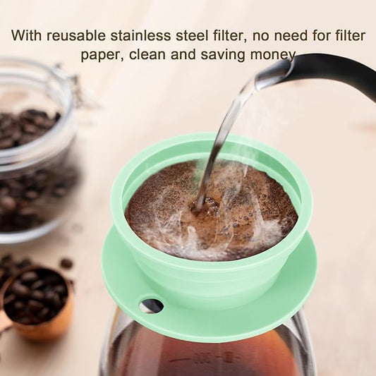 Collapsible Travel Pour Over Coffee Maker Camping, Paperless Silicone Collapsible Pour Over Coffee Dripper with Metal Coffee Filter, Portable Coffee Strainer Pour Over Cup Single Serve (Green)