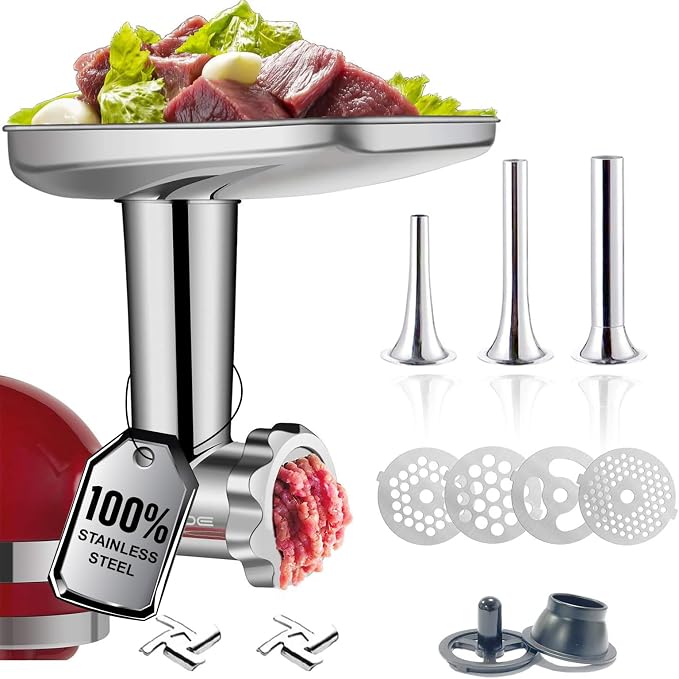 Stainless Steel Meat Grinder Attachment for KitchenAid Stand Mixer,Meat Grinder for KitchenAid Mixer Includes 3 Sausage Stuffer Dishwasher Safe Attachment by Gvode | Dishwasher Safe, Meat Grinder Attachment for KitchenAid Stand Mixer Includes 4 Grindin...