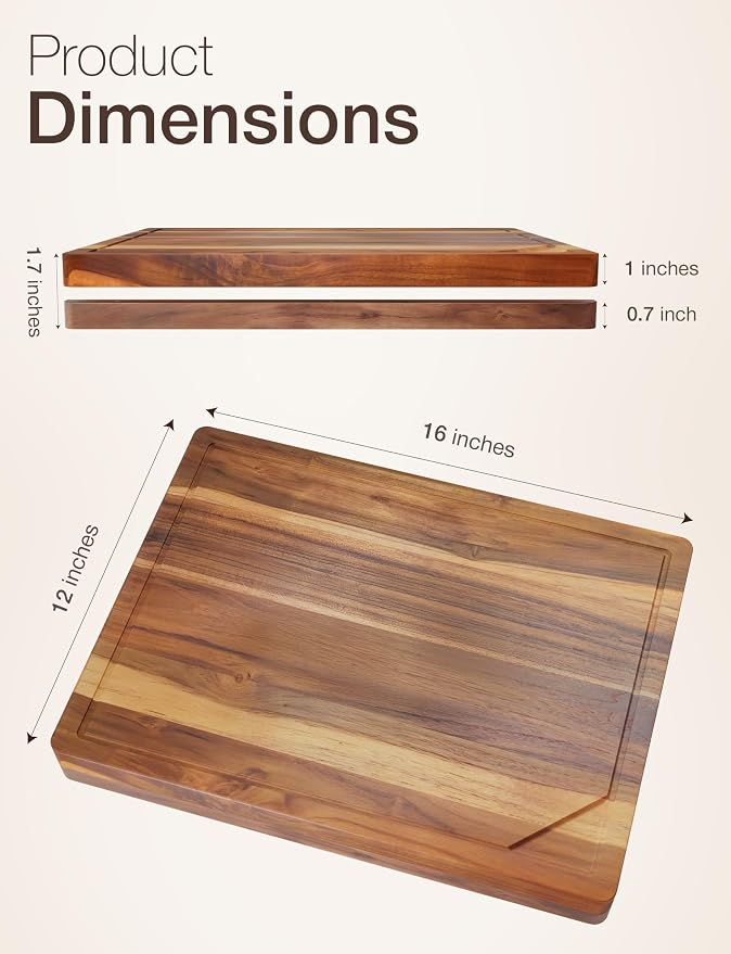 TIDITA Teak Wood Cutting Board with Lip, 16” x 12”, Handles, Easy Assemble | Solid Teak Wood, 16"x12" Cutting Board, Counter Lip Edge, Integrated Handles, Reversible Multi-Purpose Design. Juice Groove