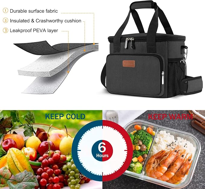 Lunch Bags for Women/Men, Insulated Lunch Bag for Work Office Picnic - Large Lunch Cooler Bag Leakproof Lunch Box with Adjustable Shoulder Strap for Adults - Charcoal(15L)