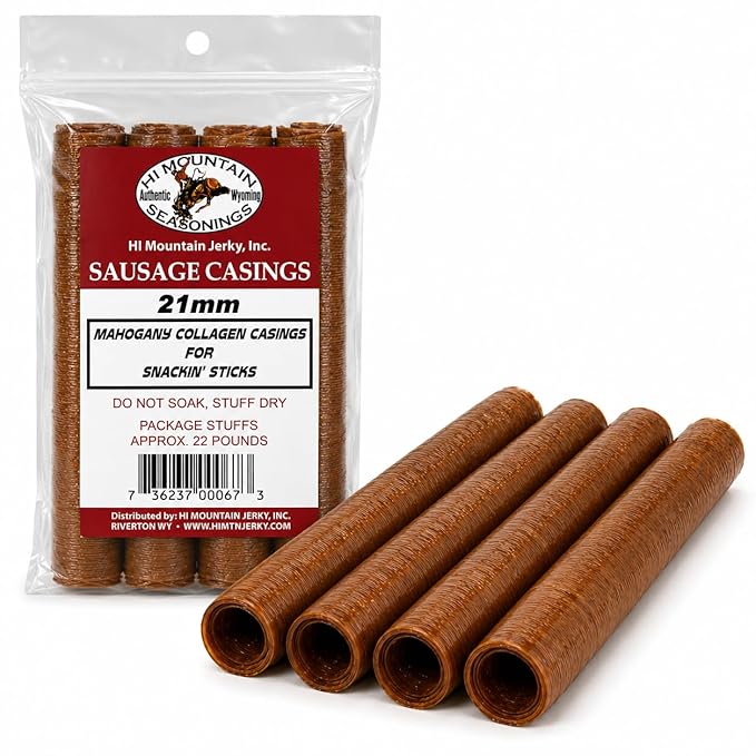 Hi Mountain Snack Stick Casings | 21 mm, Edible, Mahogany | Collagen casings for homemade snack sticks, meat sticks, beef sticks & venison sticks. Makes up to 22 lbs
