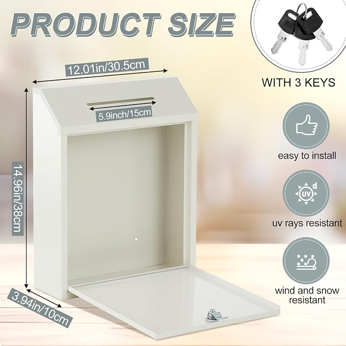 Yaocom Metal Money Box,White,15 x 12 x 4 Inch,No Lid | Wall Mounted Drop Donation Cash Box for Farm Stand Collection Safe Suggestion Box with Lock Container for Home Office Outdoor