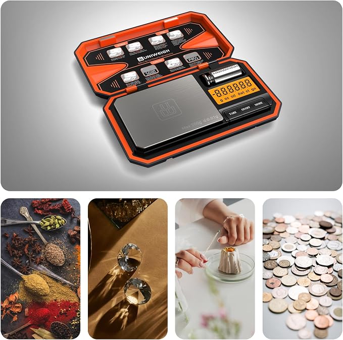 UNIWEIGH Digital Pocket Scale 200g/0.01g Precision Digital Scale Grams | 6 Units Jewelry Scales,Coins Scale with LCD Display,Tare Function for Food,Powder,small items(Battery Included)-Orange