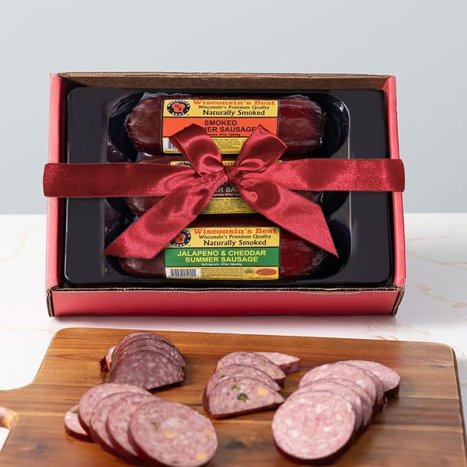 Wisconsin’s Best Summer Sausage Gift Box – Naturally Smoked Sausage 3 Flavor Assortment (Original, Jalapeño Cheddar & Garlic) – Made in Wisconsin – Charcuterie Board Gift Set – 12 oz Each